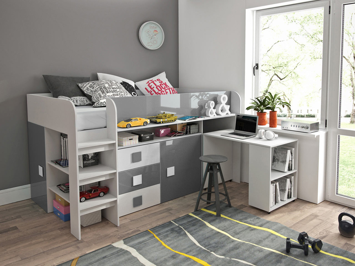 Bed Hartford 190 (White + Gloss grey + Glossy white)