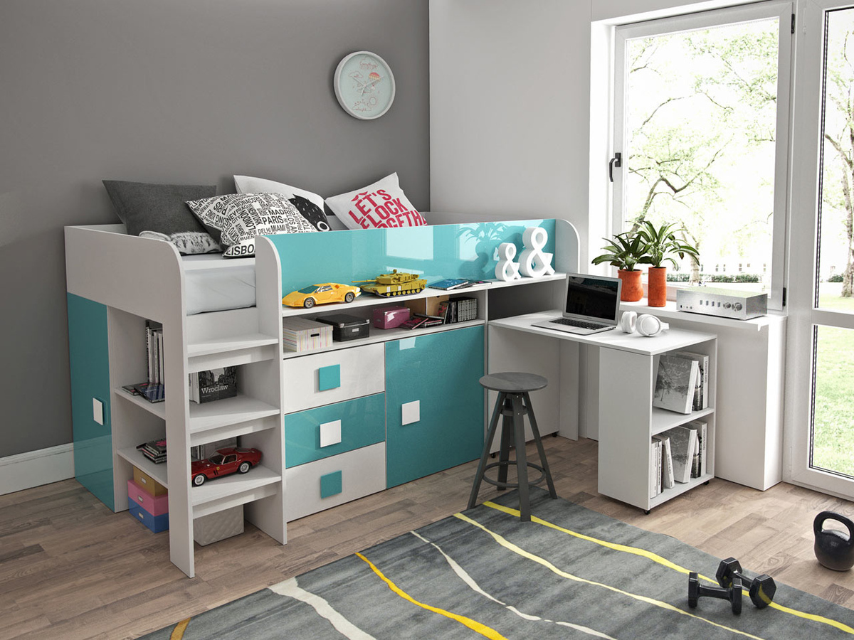 Bed Hartford 190 (White + glossy Turquoise + Glossy white)