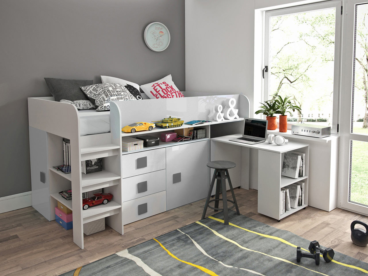 Bed Hartford 190 (White + Glossy white + Gloss grey)