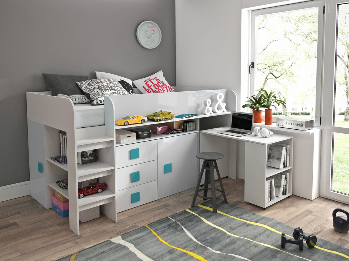 Bed Hartford 190 (White + Glossy white + glossy Turquoise)