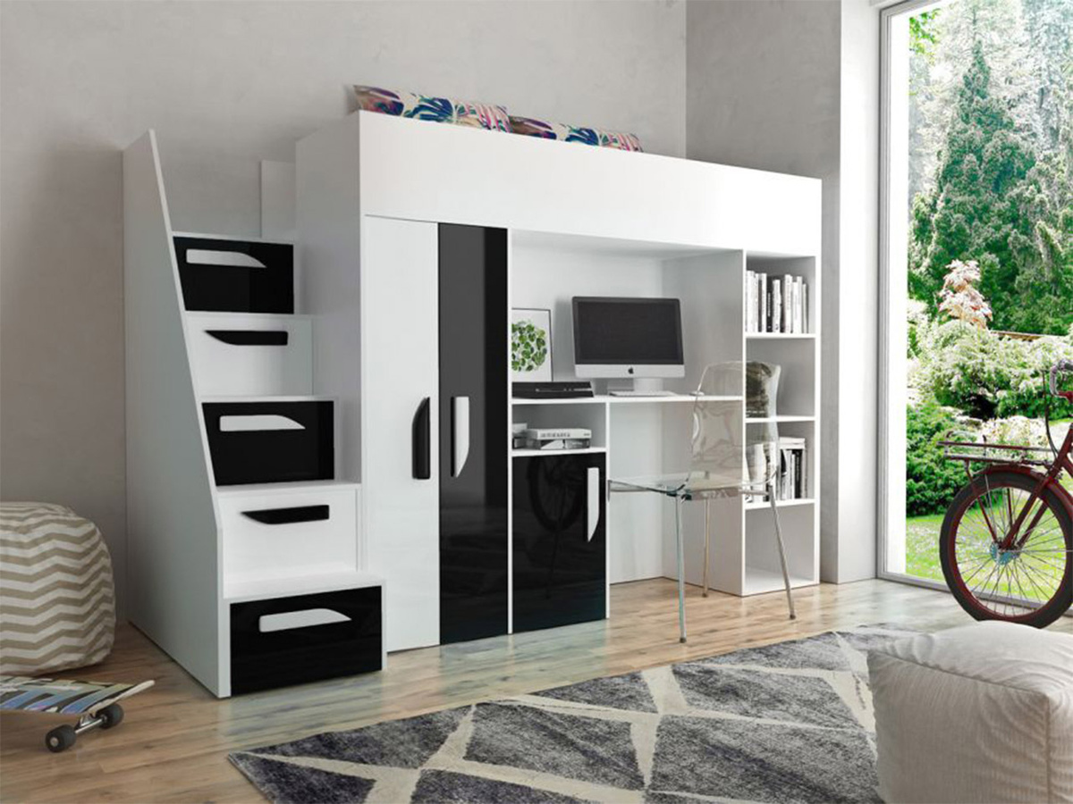 Loft bed Hartford 192 (White + Glossy black + Glossy white)
