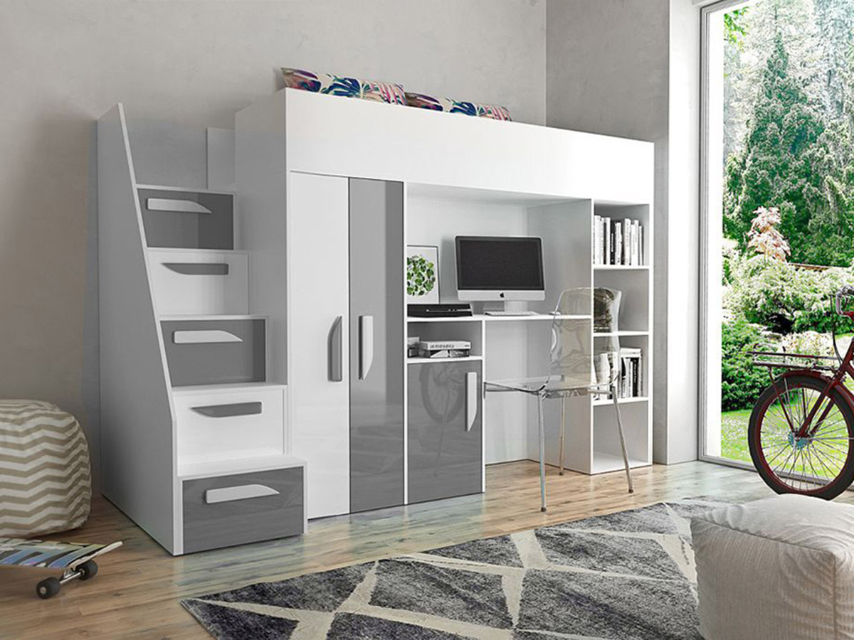 Loft bed Hartford 192 (White + Glossy grey + Glossy white)