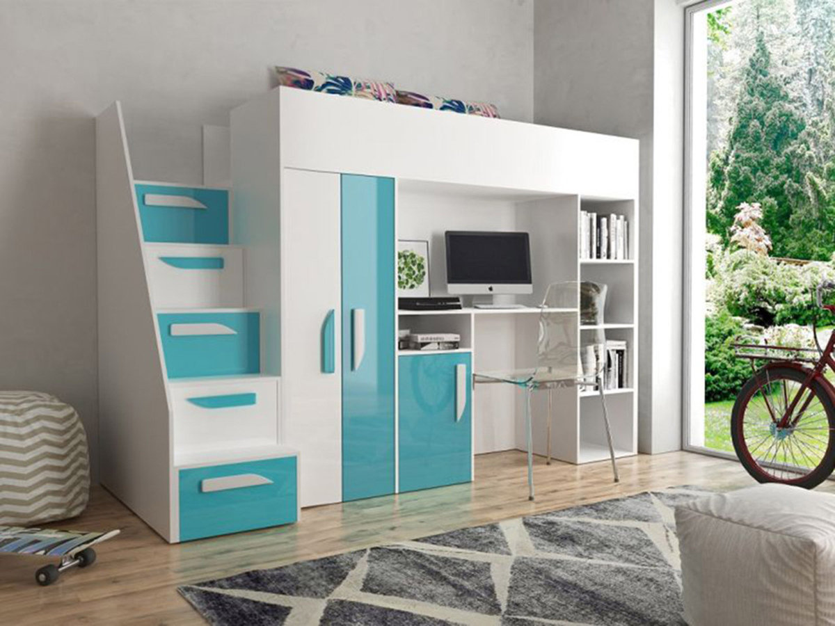Loft bed Hartford 192 (White + Glossy Turquoise + Glossy white)