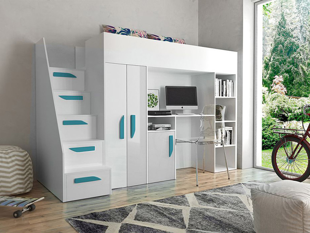 Loft bed Hartford 192 (White + Glossy white + Glossy Turquoise)