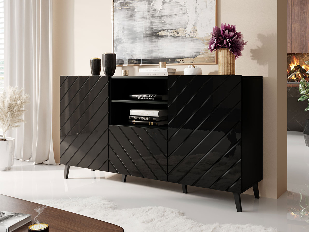 Chest of drawers Charlotte 143 (Black + Glossy black)