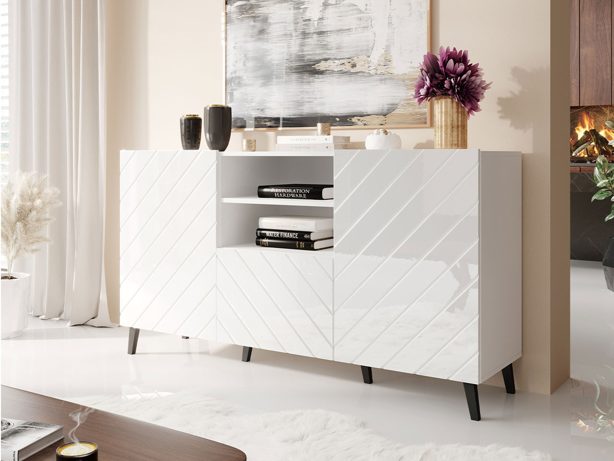 Chest of drawers Charlotte 143 (White + Glossy white)