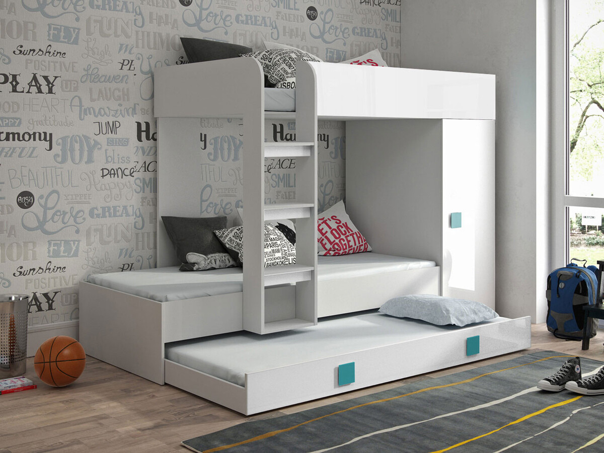 Bunk bed Hartford 191 (White + Glossy white + Glossy Turquoise)