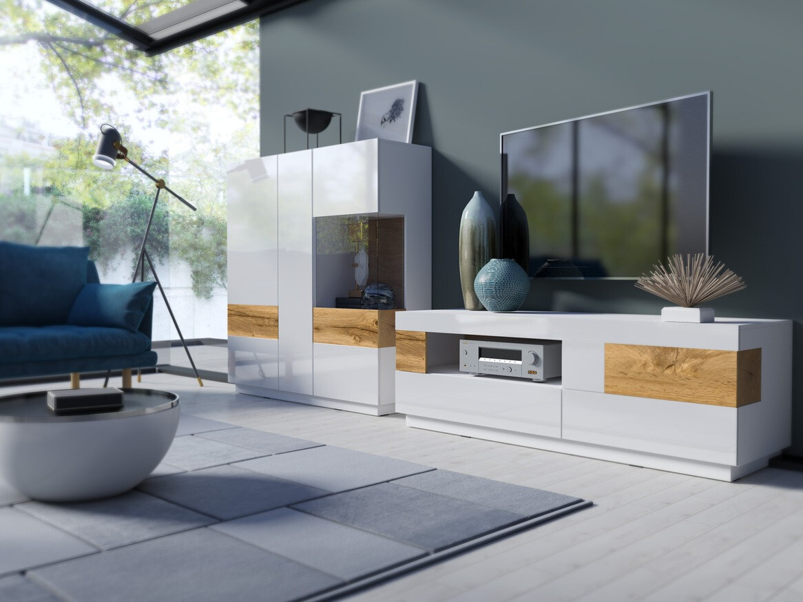 TV stand Livlore 103 (White + Glossy white + Wotan Oak)