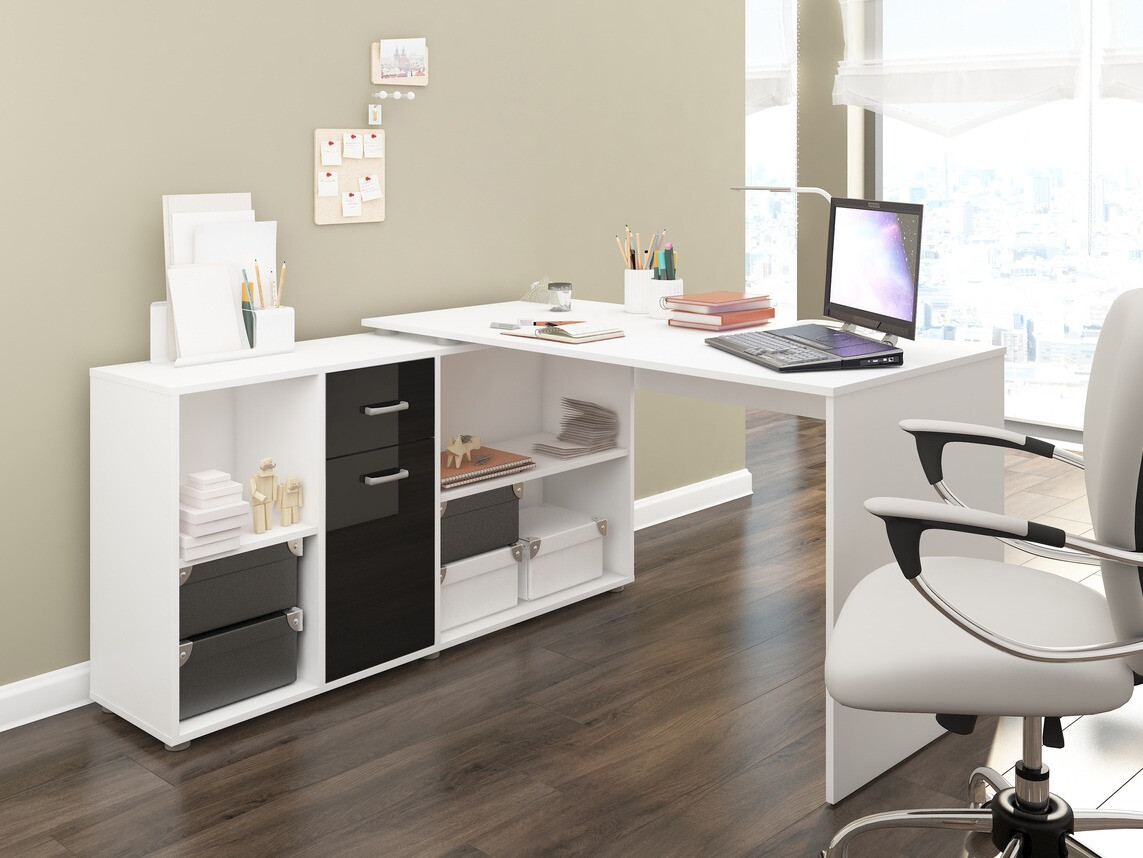 Corner desk Gilroy 113 (White + Glossy black)