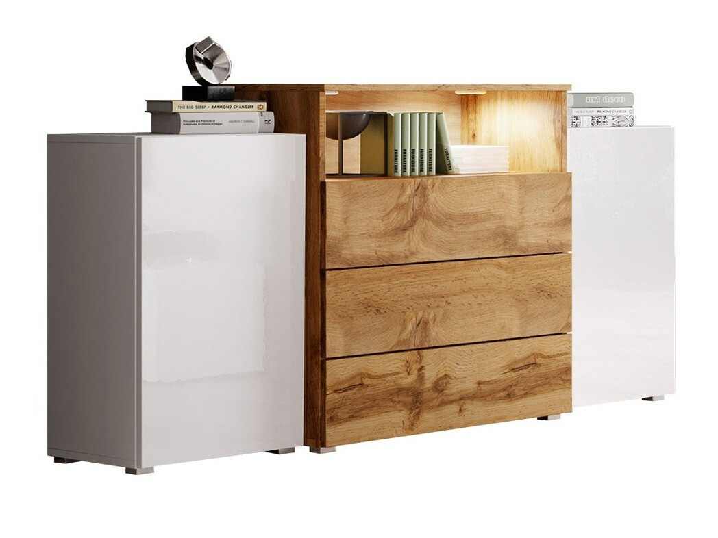 Chest of drawers Sarasota 127 (White + Glossy white + Wotan Oak)