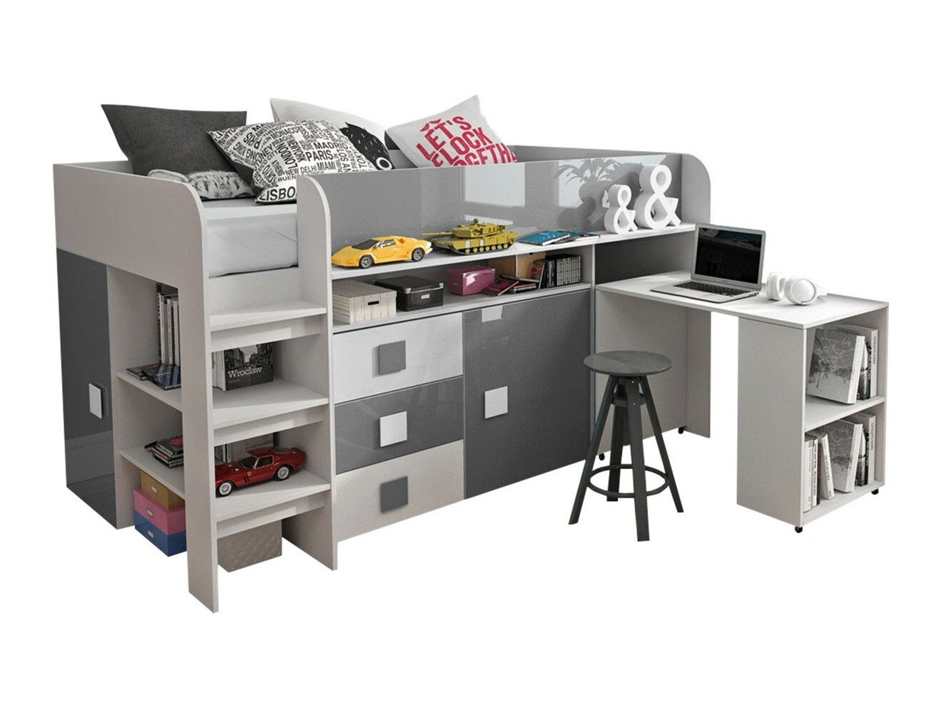 Bed Hartford 190 (White + Gloss grey + Glossy white)