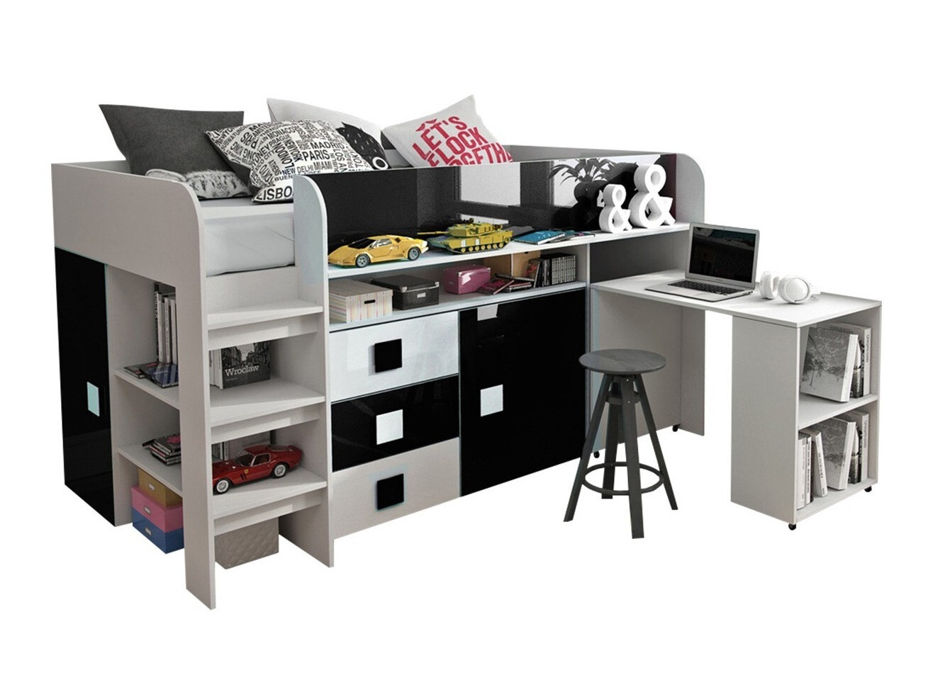 Bed Hartford 190 (White + Glossy black + Glossy white)