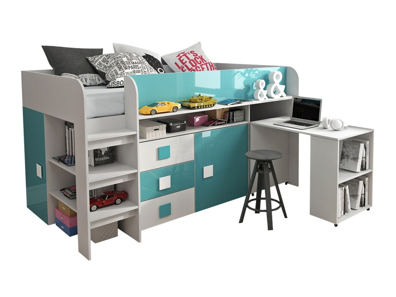 Bed Hartford 190 (White + glossy Turquoise + Glossy white)