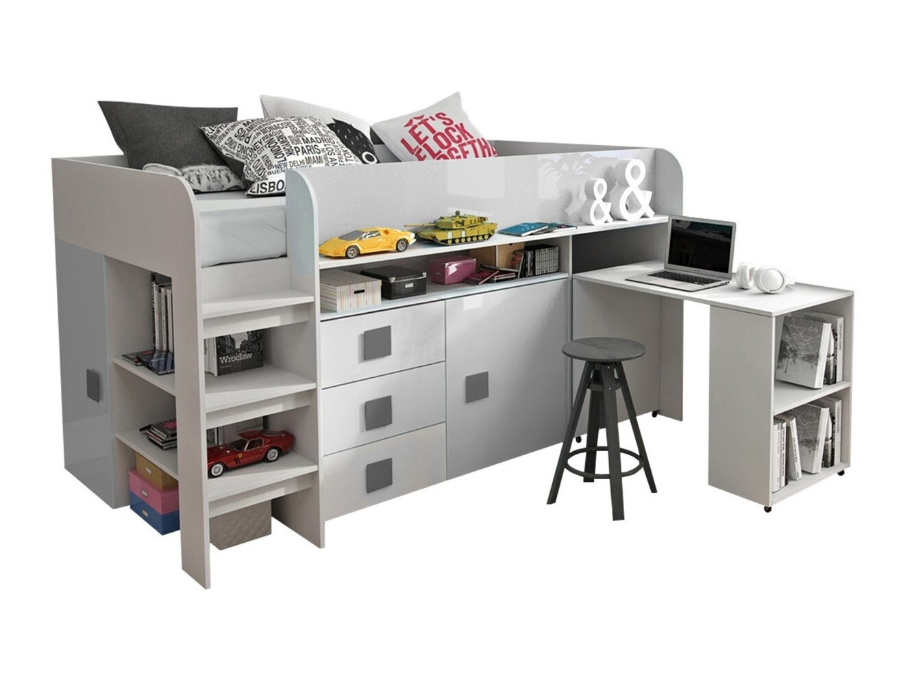 Bed Hartford 190 (White + Glossy white + Gloss grey)