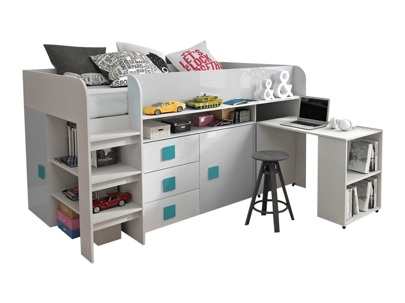 Bed Hartford 190 (White + Glossy white + glossy Turquoise)