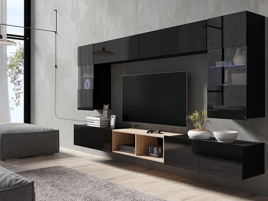 Living room set Remus XXIV (Black + Glossy black + Artisan oak)