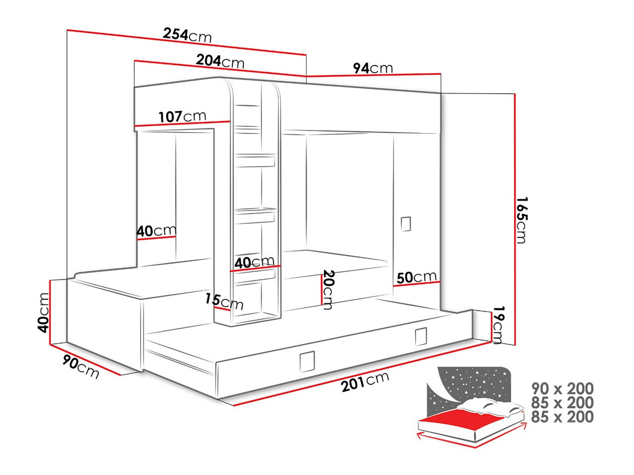 Bunk bed Hartford 191 (White + Glossy black + Glossy white)