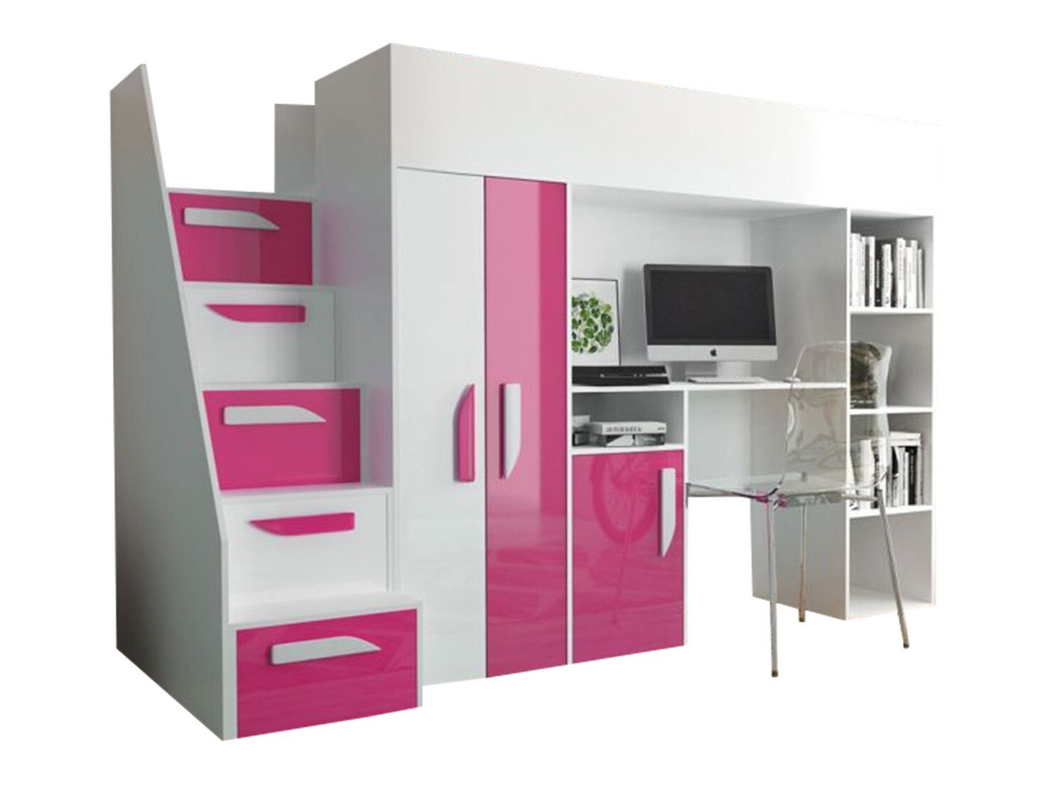 Loft bed Hartford 192 (White + Glossy pink + Glossy white)