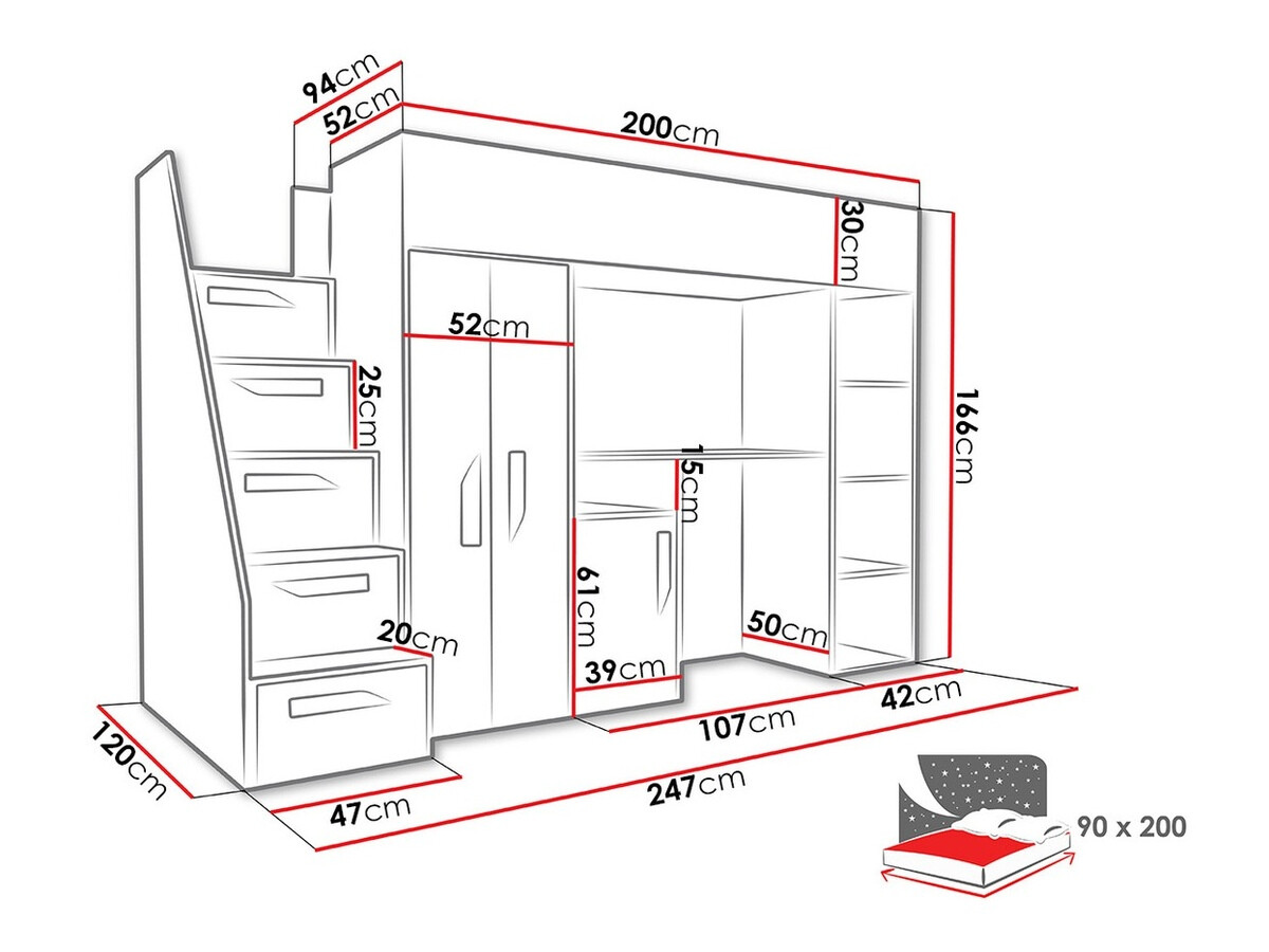 Loft bed Hartford 192 (White + Glossy white + Glossy Turquoise)