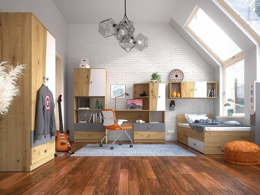 Bed Mirelbu 112 (Artisan oak + Glossy white + Black)