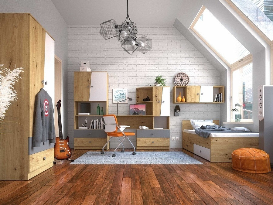 Bed Mirelbu 112 (Artisan oak + Glossy white + Grey)