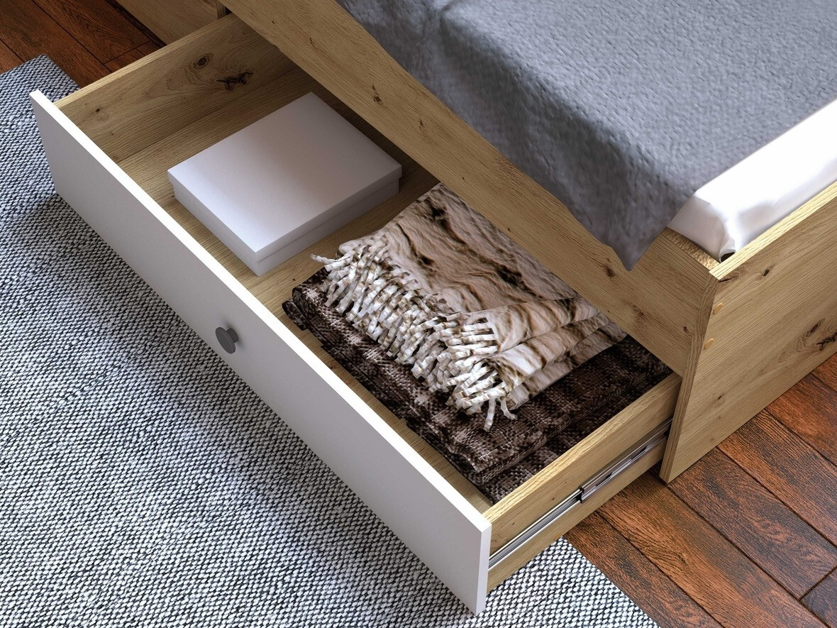 Bed Mirelbu 112 (Artisan oak + Glossy white + Grey)
