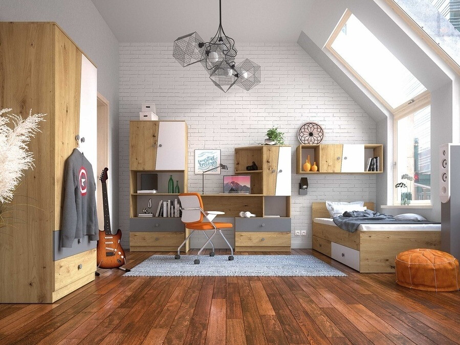 Bed Mirelbu 112 (Artisan oak + White + Black)