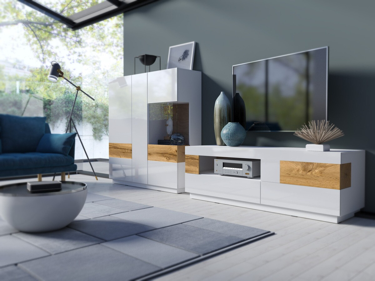 Sideboard Livlore 106 (White + Glossy white + Wotan Oak)
