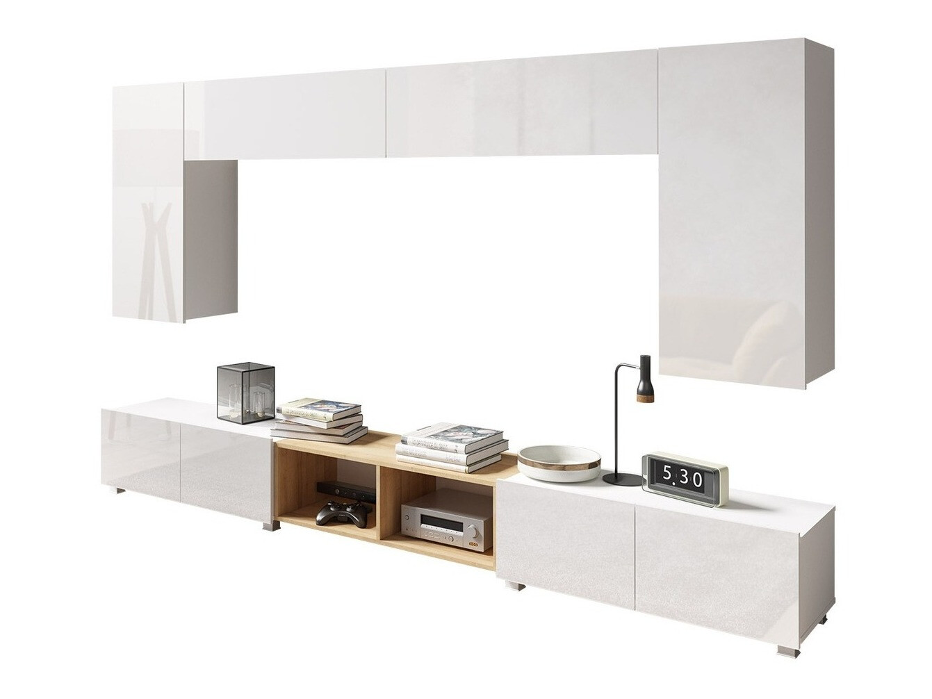 Living room set Remus XXIII (White + Glossy white + Golden oak)