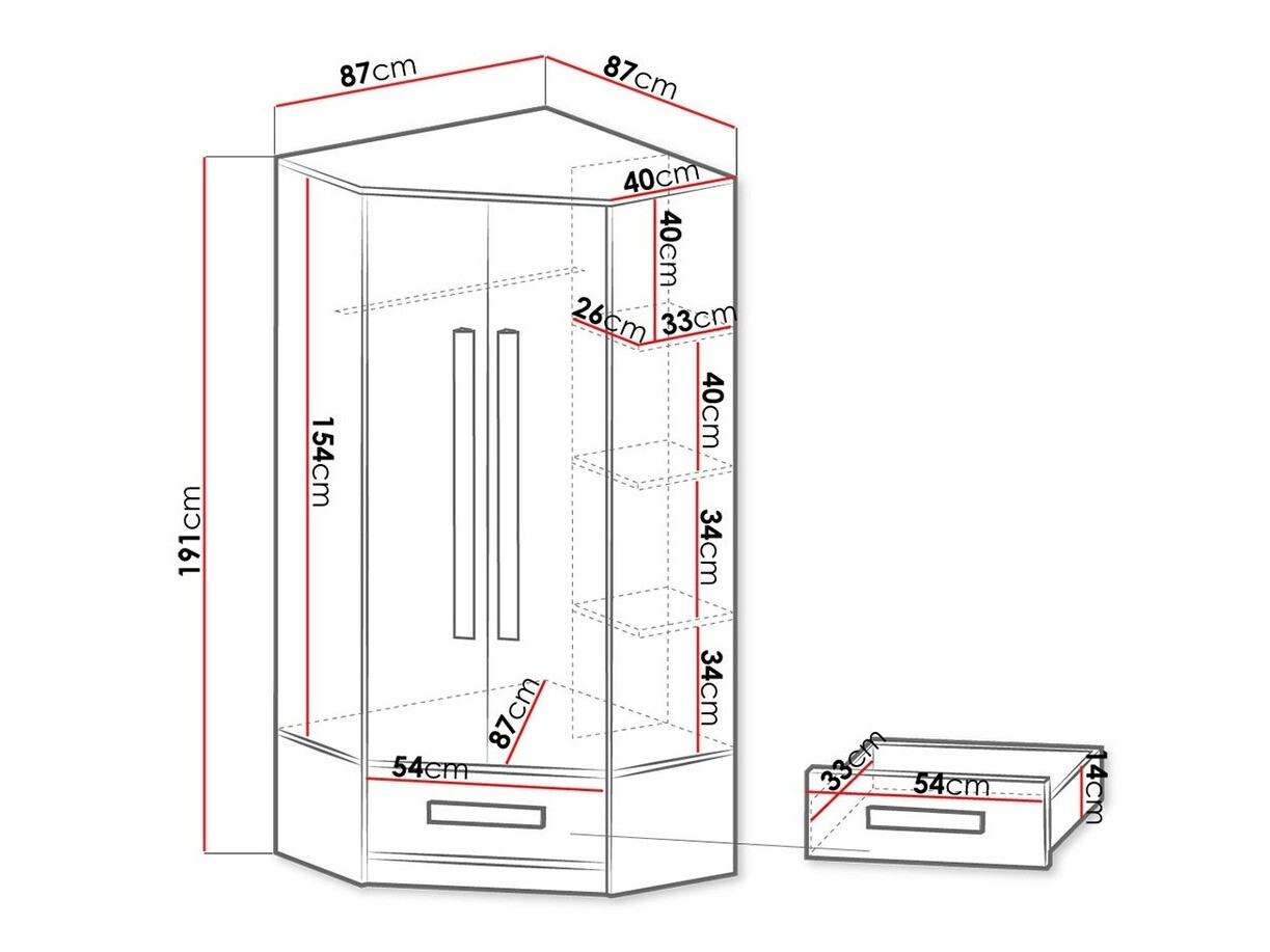 Corner wardrobe Merevari 103 (White + Glossy white + Grey)