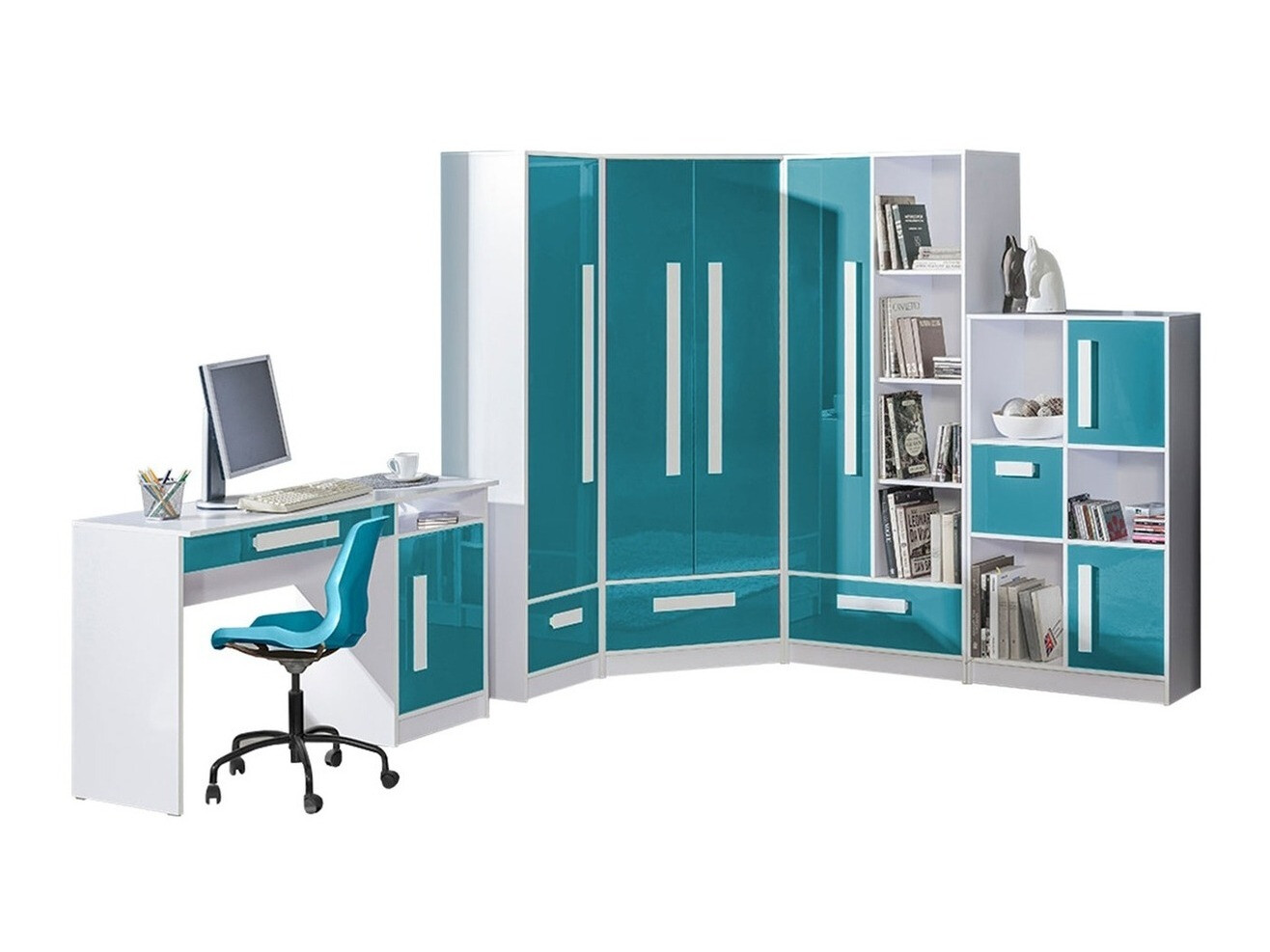 Children's room set Merevari 107 (White + Glossy Turquoise)