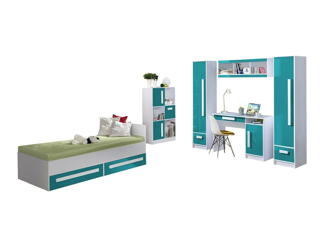 Children's room set Merevari 108 (White + Glossy Turquoise)