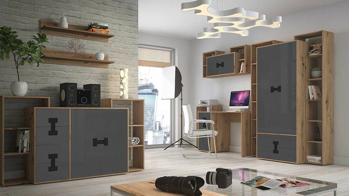 Wardrobe Florevi 113 (Gloss grey + Artisan oak)