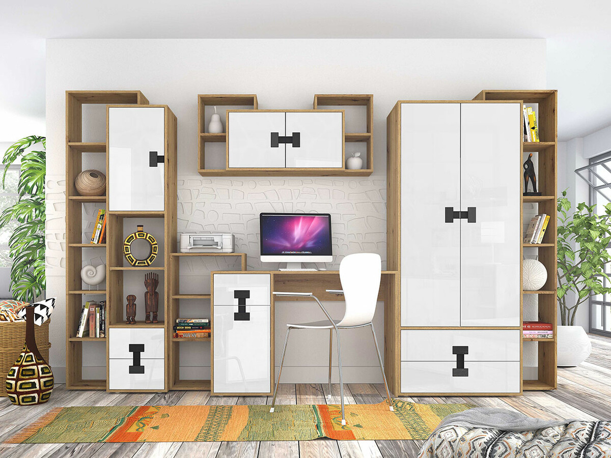 Wardrobe Florevi 113 (Glossy white + Artisan oak)