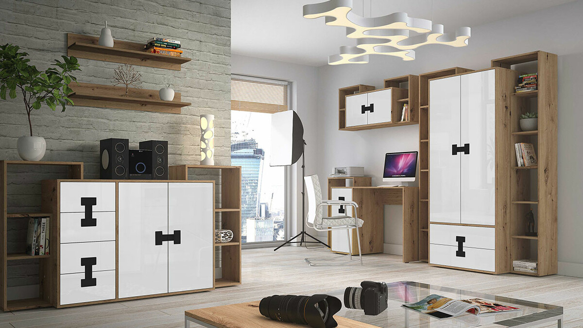 Wardrobe Florevi 113 (Glossy white + Artisan oak)