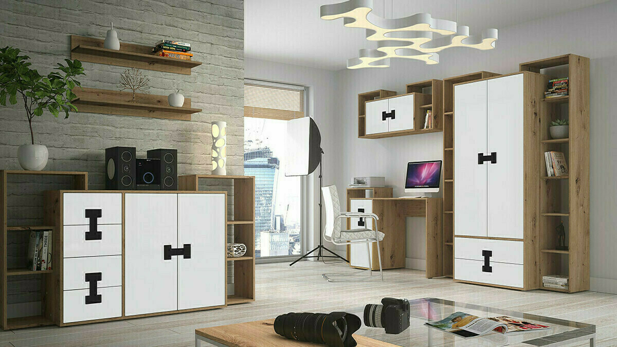 Wardrobe Florevi 113 (Matte white + Artisan oak)