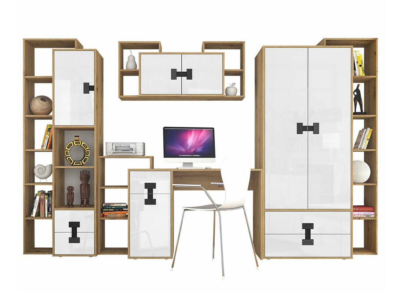 Home office set Florevi 104 (Glossy white + Artisan oak)