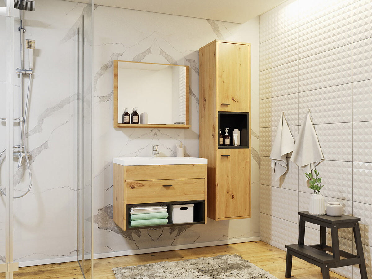 Wall-mounted bathroom cabinet Velum (Black + Artisan oak)