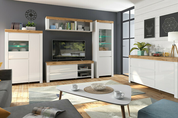 Chest of drawers Sonsoru 100 (White + Glossy white + Wotan Oak)