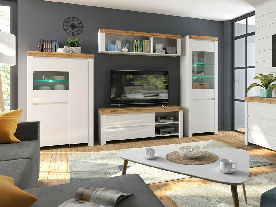 TV stand Sonsoru 108 (White + Glossy white + Wotan Oak)