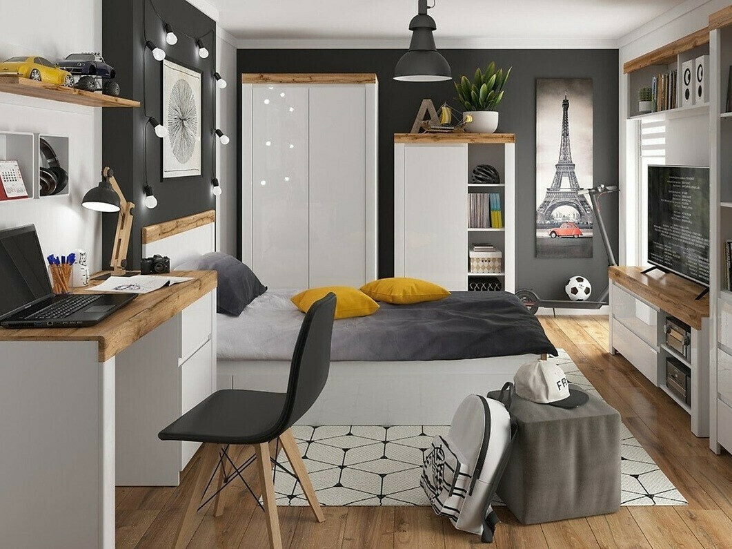 Wardrobe Sonsoru 110 (White + Glossy white + Wotan Oak)