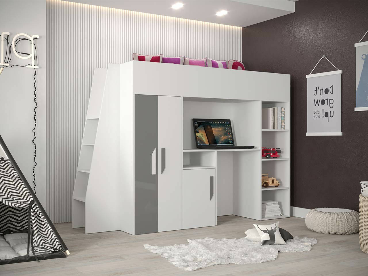 Loft bed Hartford 355 (White + Gloss grey + Glossy white)
