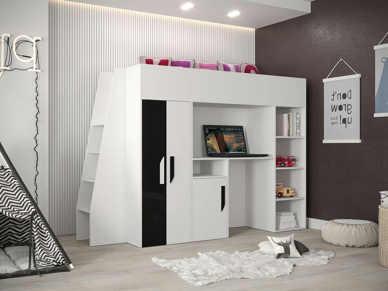 Loft bed Hartford 355 (White + Glossy black + Glossy white)