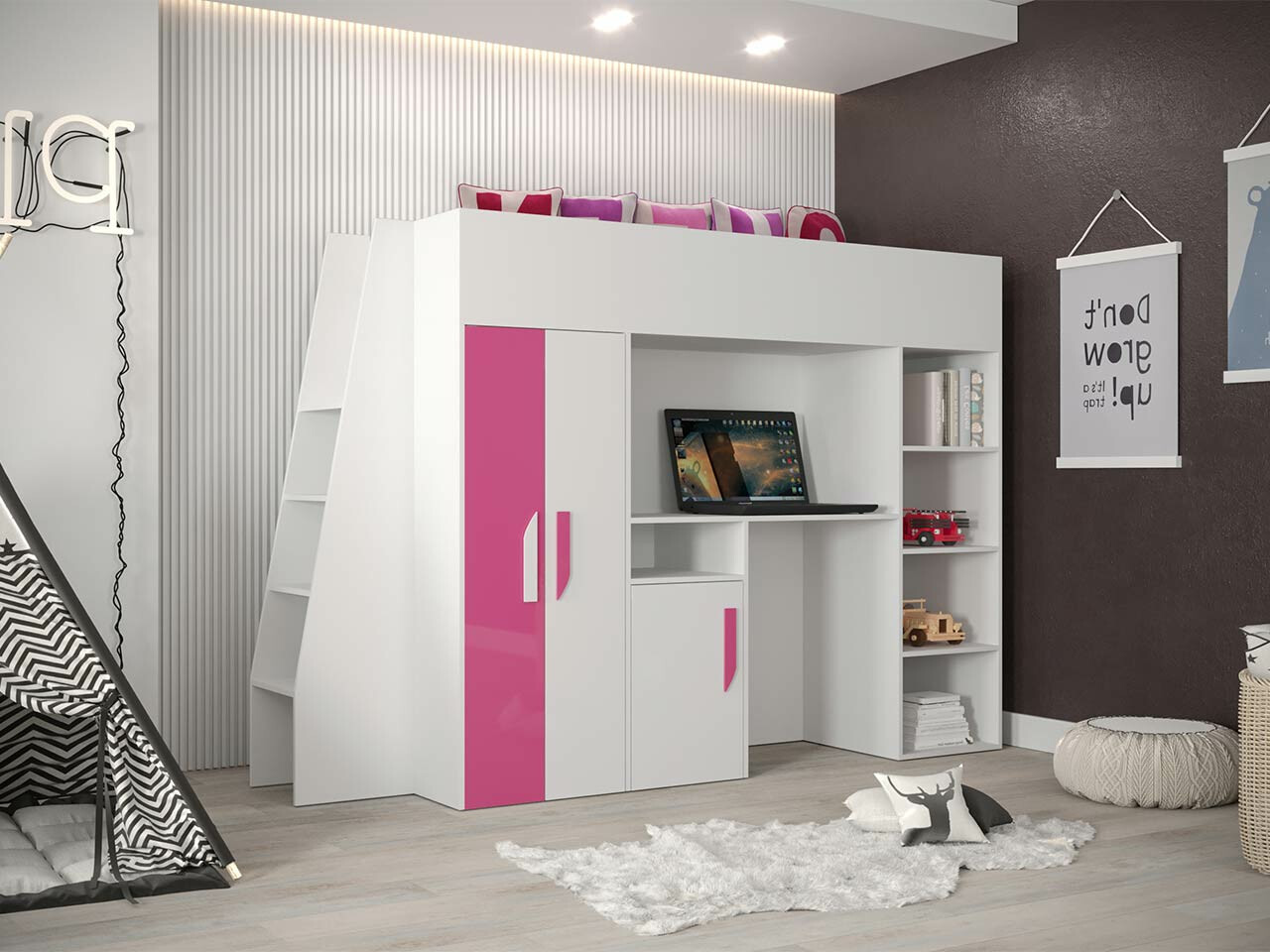 Loft bed Hartford 355 (White + Glossy pink + Glossy white)