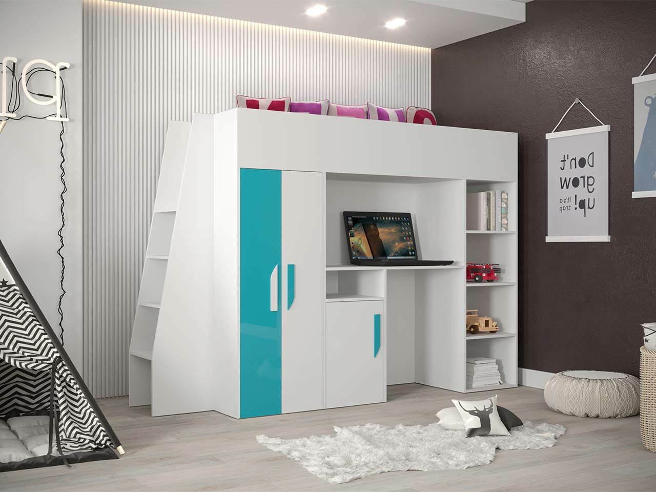Loft bed Hartford 355 (White + Glossy Turquoise + Glossy white)