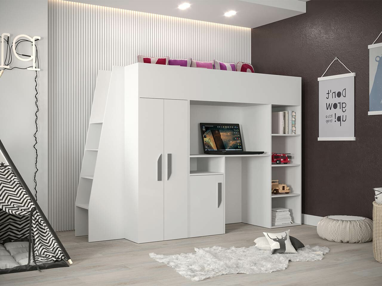 Loft bed Hartford 355 (White + Glossy white + Grey)
