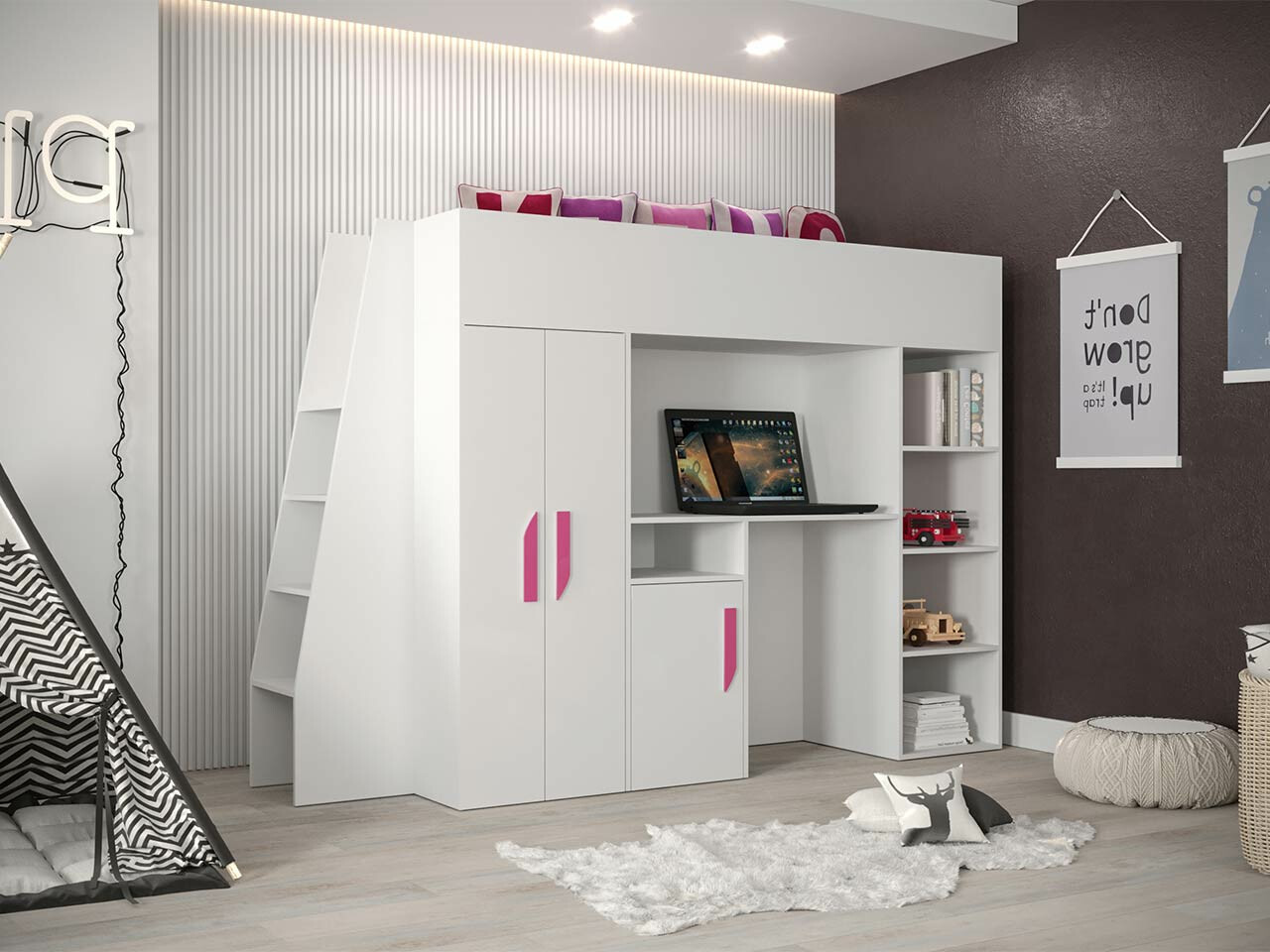 Loft bed Hartford 355 (White + Glossy white + Pink)