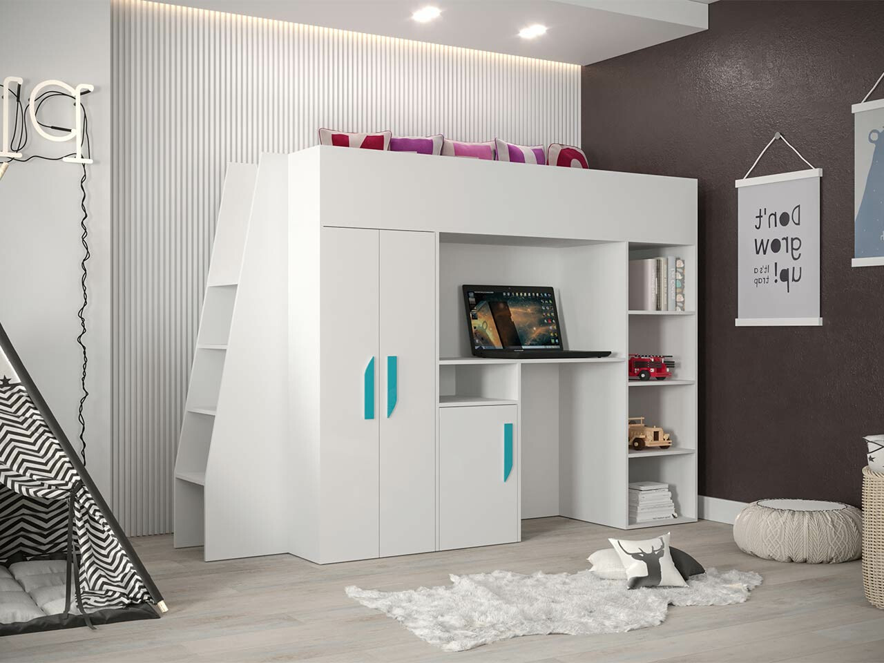 Loft bed Hartford 355 (White + Glossy white + Turquoise)