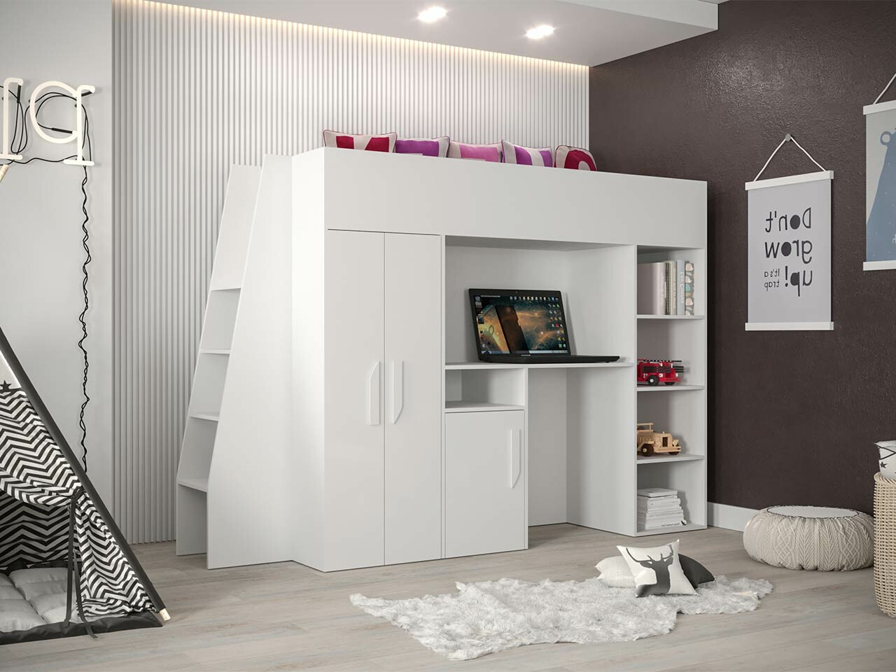 Loft bed Hartford 355 (White + Glossy white)