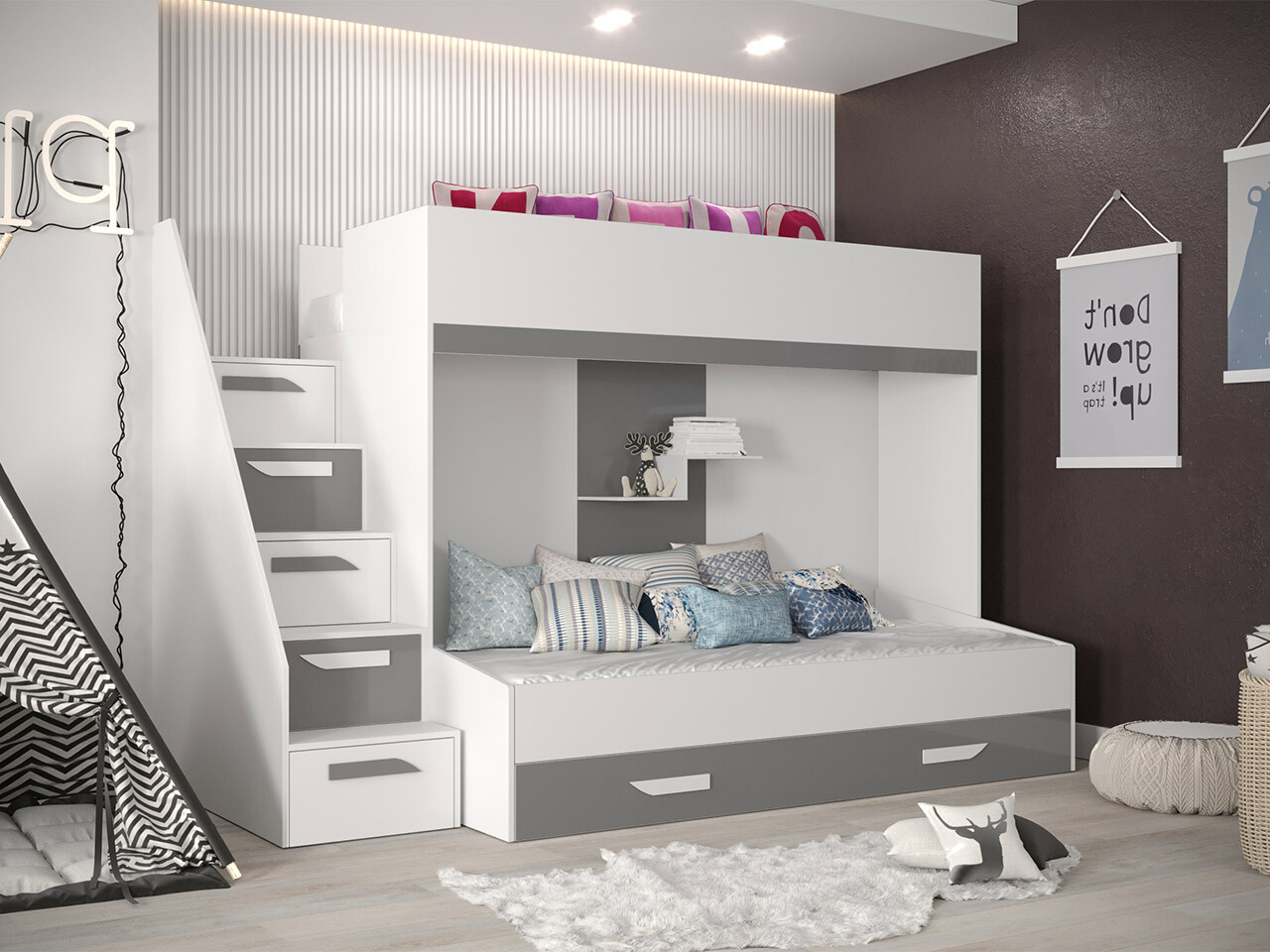 Bunk bed Hartford 356 (White + Gloss grey + Glossy white)